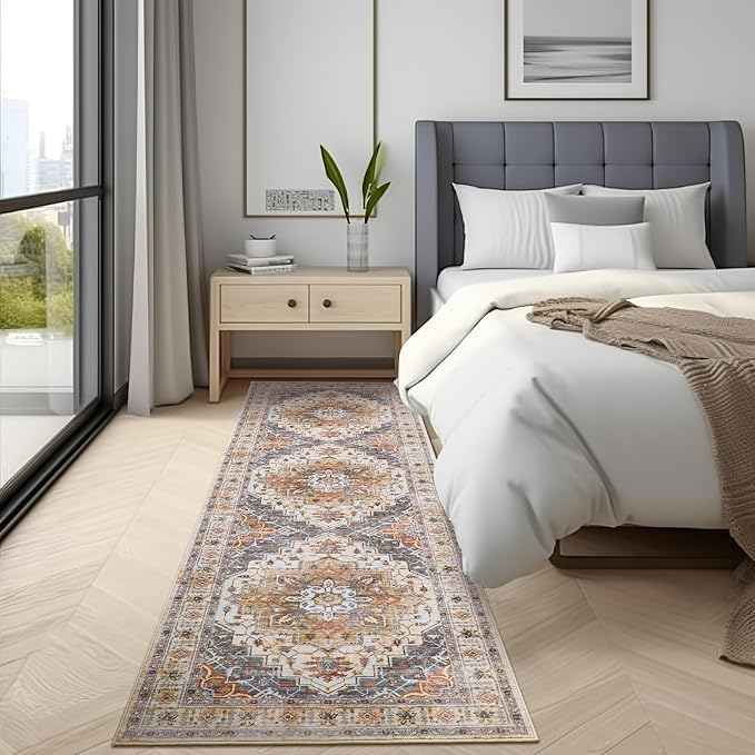 2.6'x8'Non Slip Runner Rugs - Runners for hallways, Kitchen,Entryway,Stain Resistant Washable Rugs for Bedroom, Indoor Vintage Area Rugs (Turmeric/Grey,2.6'x8')