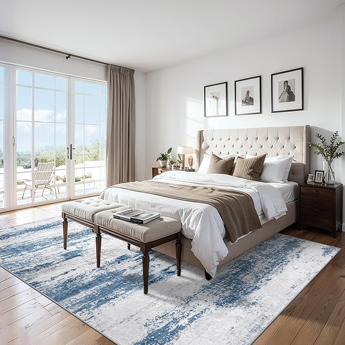6x9 Area Rugs for Living Room - Washable Rug Modern Abstract Soft Large Neutral Non-Slip Carpet Indoor Floor Thin Carpets for Bedroom Dining Room Farmhouse Nursery Home Office White Blue Grey