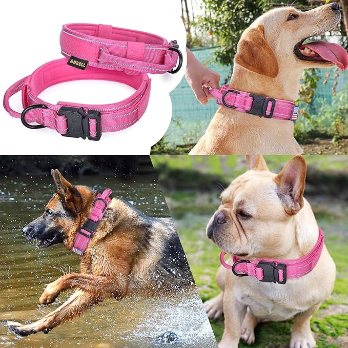 AUBELL Reflective Tactical Dog Collar,Adjustable Military Heavy Duty K9 Collars with Handle and Quick Release Metal Buckle Great for Extra Large Dogs, with Airtag Case and 2 Patches (Pink,XL)