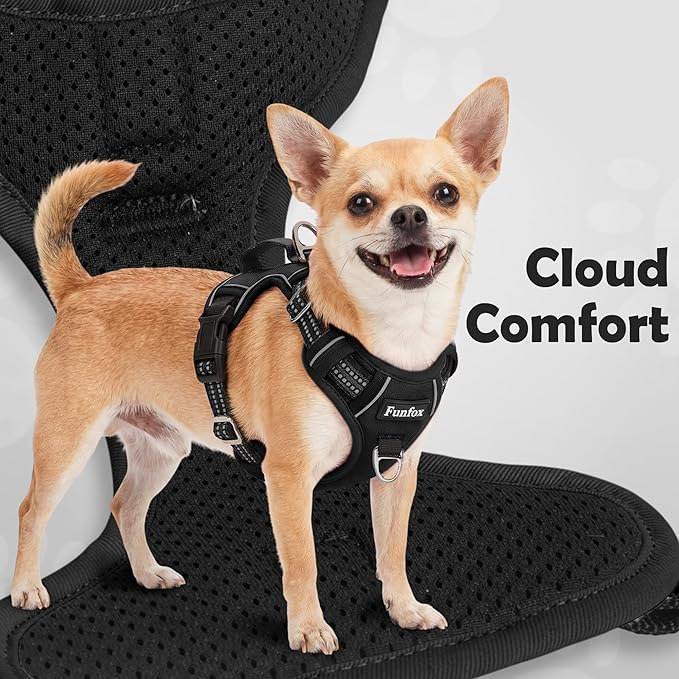 Funfox Dog Harness No Pull, Adjustable Pet Vest Harness, Super Soft Material with Vertical Handle Easy Control, Reflective Night Walking, 2 Leash Clips for Medium Sized Dogs, Black, M