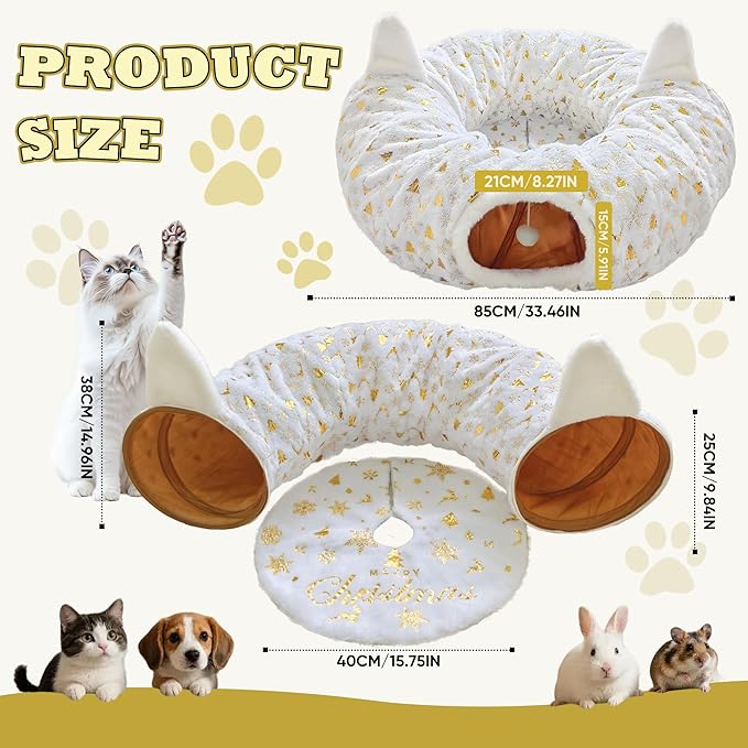 Cat Tunnel Christmas Tree Skirt, Cat Tunnel Bed with Hanging Toy Ball, Foldable Plush Cats Cave Donut Tunnel Christmas Decorations, Kitty Tunnel for Indoor Kitten Rabbit Puppy, White Gilded