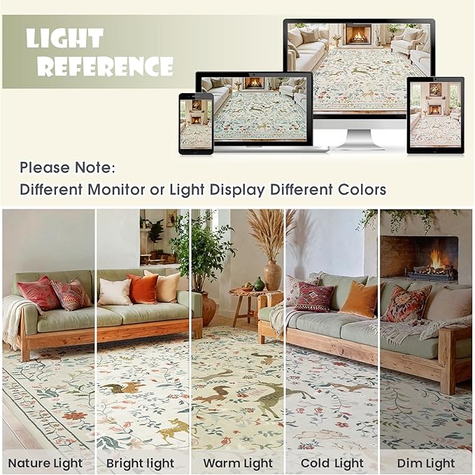 8x10 Area Rugs Washable Rug: Lagre Boho Living Room Rug Soft Non-Slip Thin Carpet Indoor Floor Non-Shedding Neutral Floral Carpets for Bedroom Dining Room Farmhouse Nursery Beige Animal