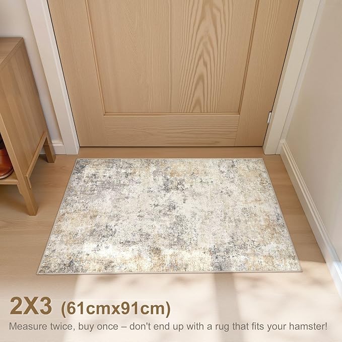 2x3 Entryway Area Rug: Washable Neutral Modern Abstract Small Rug - Non-Slip Low Pile Throw Indoor Carpet for Entrance Kitchen Front Door Mat Bathroom Entry Kids Room - Golden Grey