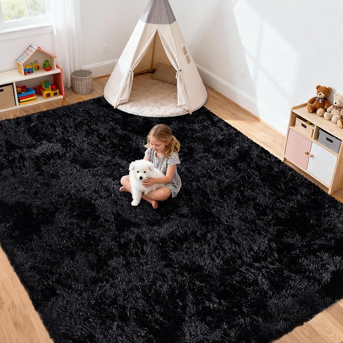8x10 Area Rug for Living Room: Ultra Soft Fluffy Rug Modern Large Thicked Shag Rug for Bedroom Non Slip Indoor Fuzzy Carpets for Girls Kids Room Nursery Dorm Home Decor Black