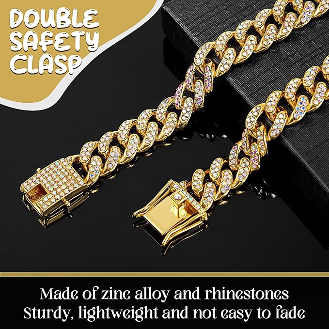 LEIFIDE Dog Chain Collar Diamond Link Puppy Collar 12 mm Wide Dog Necklace Metal Cat Chain Pet Crystal Necklace Jewelry Accessories for Small Medium Large Pet(24 Inch,Gold, AB Color)