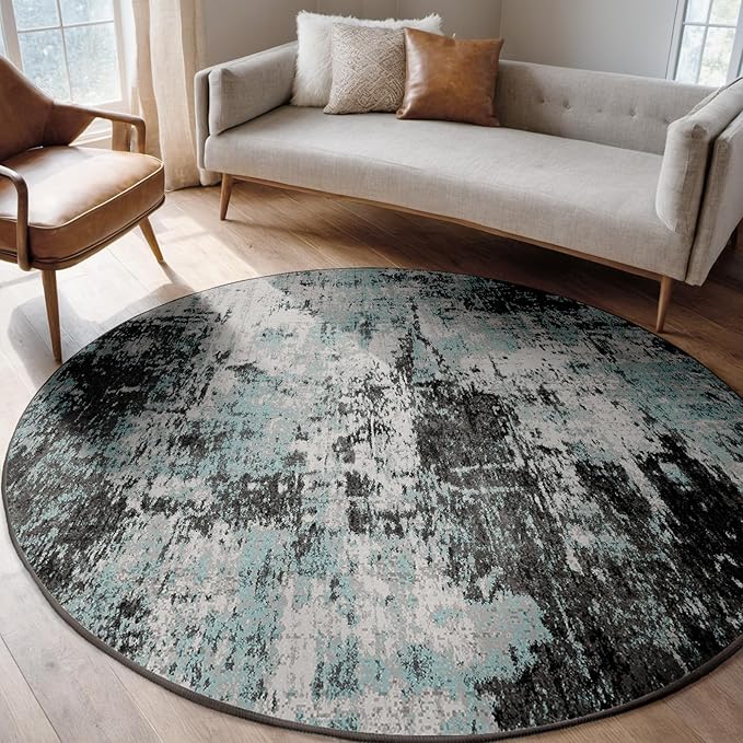 Washable Area Rugs 6ft Non-Slip Modern Abstract Soft for Living Room Entryway Bedroom Nursery, Print Pattern, Blue Black Teal