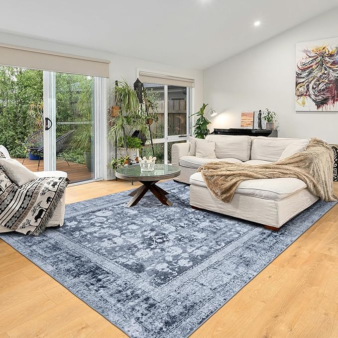 Area Rug 6횞9, Large Vintage Boho Rug,Ultra-Soft Low Pile, Washable, Non Slip,Stain Resistant, Printed Carpet for Living Room Bedrooms Playroom Office Kitchen, Solid/Blue