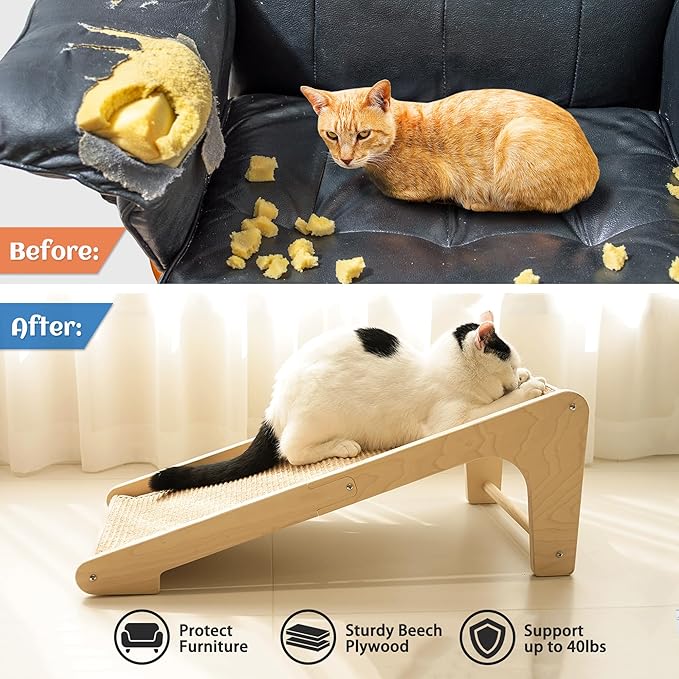PETKARAY Cat Scratcher, Sisal Cat Scratching Ramp, L Shape Scratch Pad for Indoor Kitty, 27" Wall Furniture Protector with Mouse Toy