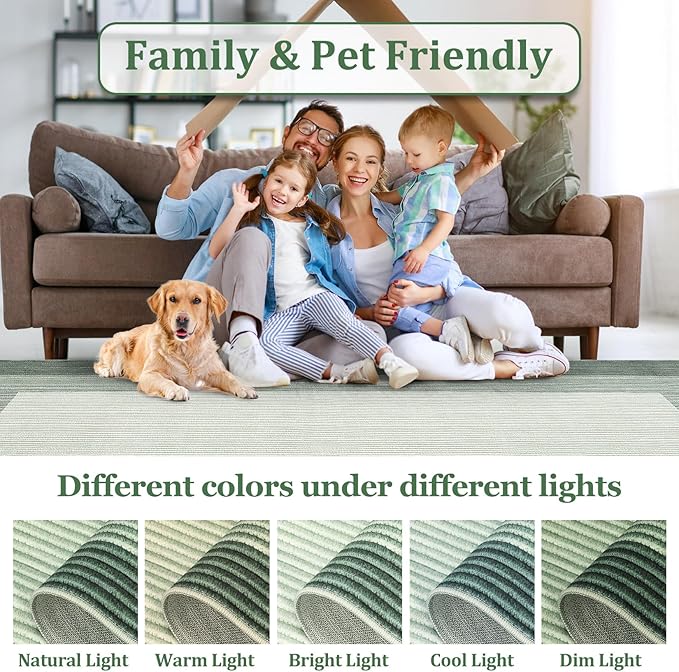 GarveeHome Area Rugs 10x13 Living Room Rug, Modern Bordered Machine Washable Rug Large Soft Carpet Bedroom Non Slip Stain Resistant Neutral Solid Border Carpet for Farmhouse, Green 10x13