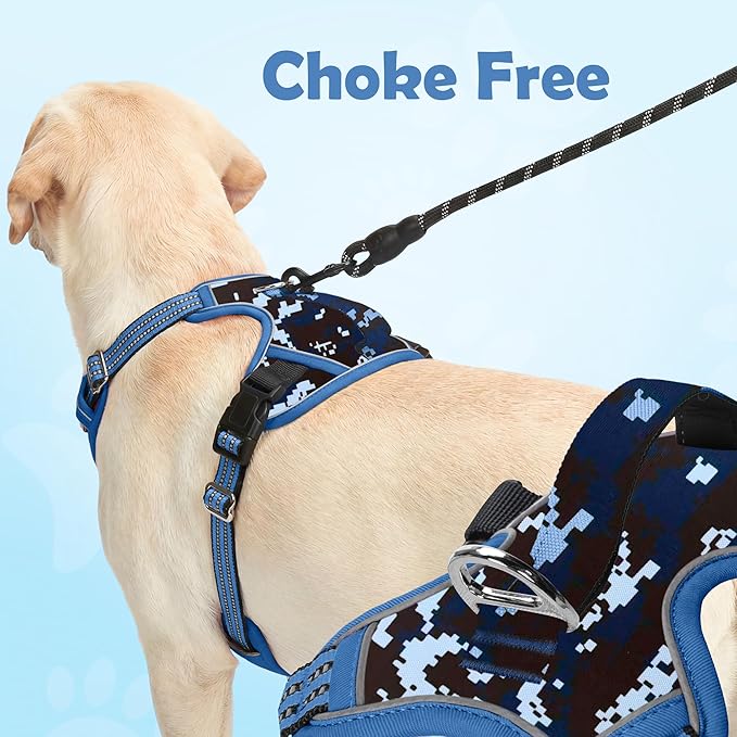 Funfox Dog Harness No Pull, Adjustable Pet Vest Harness, Super Soft Material with Vertical Handle Easy Control, Reflective Night Walking, 2 Leash Clips for Large Dogs, Mosaic Blue, L