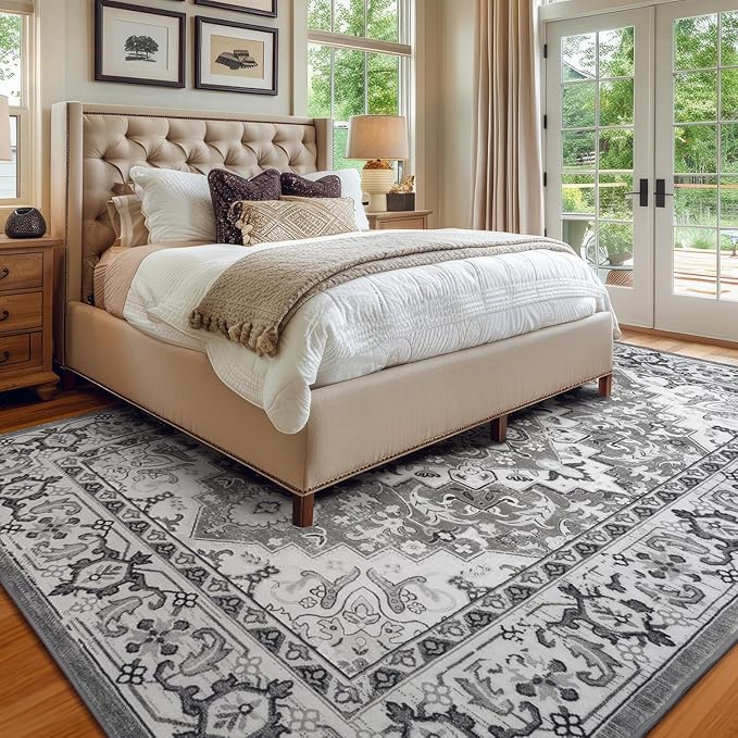 Lessymo 5x8 Area Rug for Living Room - Machine Washable Area Rugs, Super Soft Faux-Wool Area Rugs for Bedroom Kitchen, Boho Rug Vintage Floral Non-Slip Low Pile, Grey White