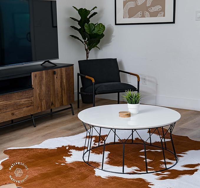 NativeSkins Faux Cowhide Rug ??Brown and White (Large) | 4'7" x 6'7" | Triple-Layer Support | Ultra-Soft Pile | Hand-Cut, Faux Suede No-Slip Backing | Western Rug | Cow Hide Animal Print