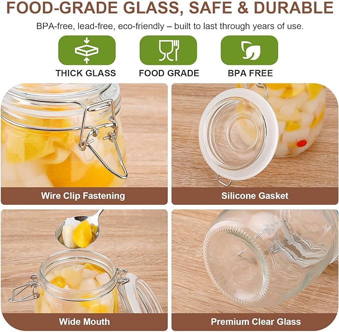 25oz Airtight Glass Jars with Lids, Set of 6 Food Storage Containers & Canisters, Clear Mason Jars with Clamp Seal for Canning, Cereal, Coffee, Pasta, Sugar, Beans & Spices