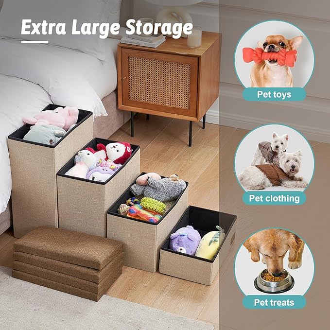 Dog Stairs with Storage, 4-Step Wider Sturdy Dog Steps for Small/Medium/Large Dogs and Older Cats, Folding Doggie Ramp for Bed/Couch/Car Hold Up to 180 lbs (22" H, Burgundy)