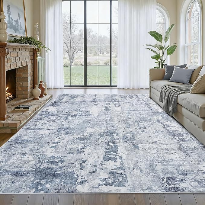 GarveeHome 5x7 Abstract Area Rug for Living Room Bedroom, Modern Washable Rugs Soft Low Pile Non Slip Accent Floor Mat Blue Grey Throw Rug Indoor Carpet Dining Room Playroom