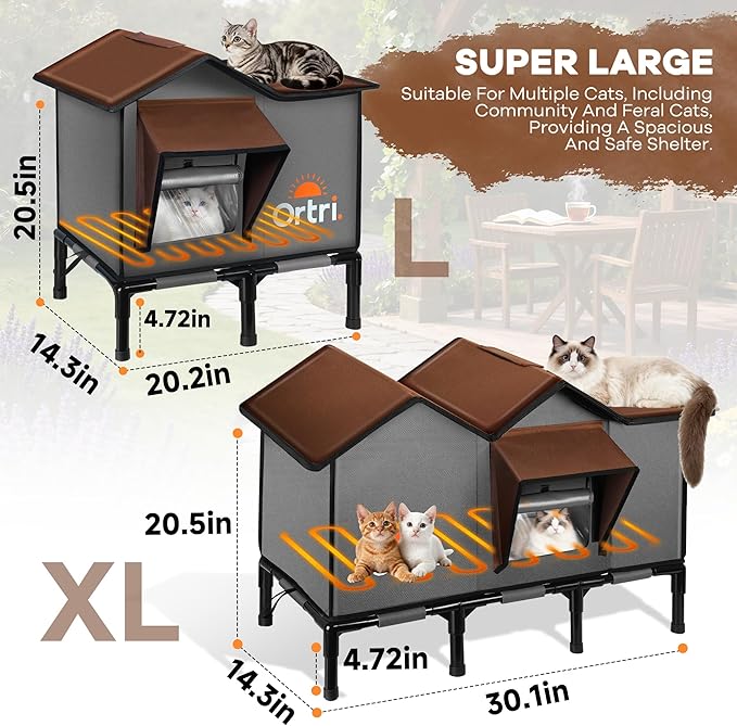 Outdoor Heated Cat House for Outside: Winter Insulated Weatherproof 30"×14"×20" Shelter with Extra Large Elevated Warm Heater and Waterproof Heating Bed for Multiple Feral Kitties Small Pets for Barn