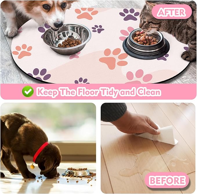 Cat Food Mat 24''x16'', Absorbent Cat Mats for Food and Water, Non-Slip Rubber Mat for Cats Bowls, Easy Store Pet Food Placemat, Mats for Under Cats Food Bowls, Fit with Kitchen, Living Room, Pink Paw