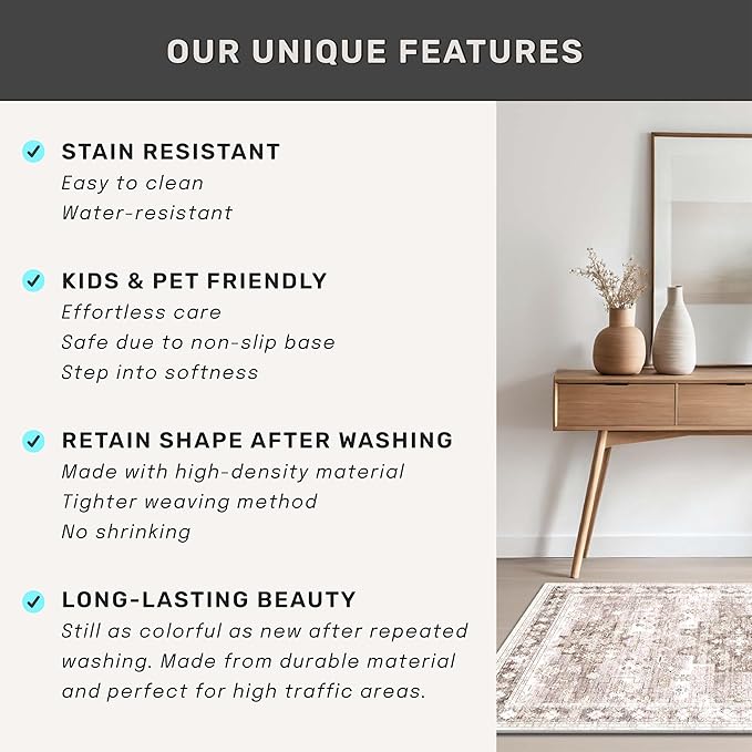 Boho Bathroom Rugs - Washable Non-Slip Soft Low Pile Area Rug for Entryway, Kitchen, and Indoor Spaces - Modern Farmhouse Design, Perfect for Boho Décor (2x3 Beige/Latte)