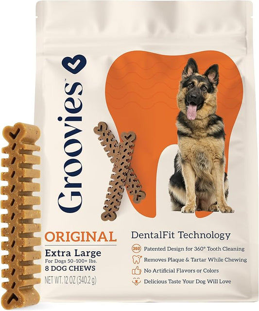 Groovies Flexible, Yet Moderately Tough Daily Dog Dental Chews. Powered by USA-Patented DentalFit Technology. No Added Gluten, No Artificial Flavors or Colors. 12oz XLarge (8Chews)