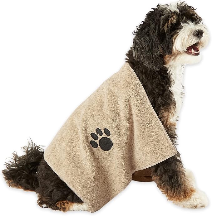 Bone Dry Pet Grooming Towel Collection Absorbent Microfiber Drying Set, 15x30", Embroidered Taupe, 3 Count
