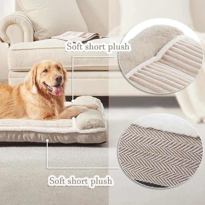 Dog Bed for Large Dogs, Dog Mattress with Pillow for Crate Kennel, Sofa pet Bed, Super Soft pet Bed for Medium, Jumbo, Small Dogs Breeds (Beige, Medium:(30?쓝20 x3