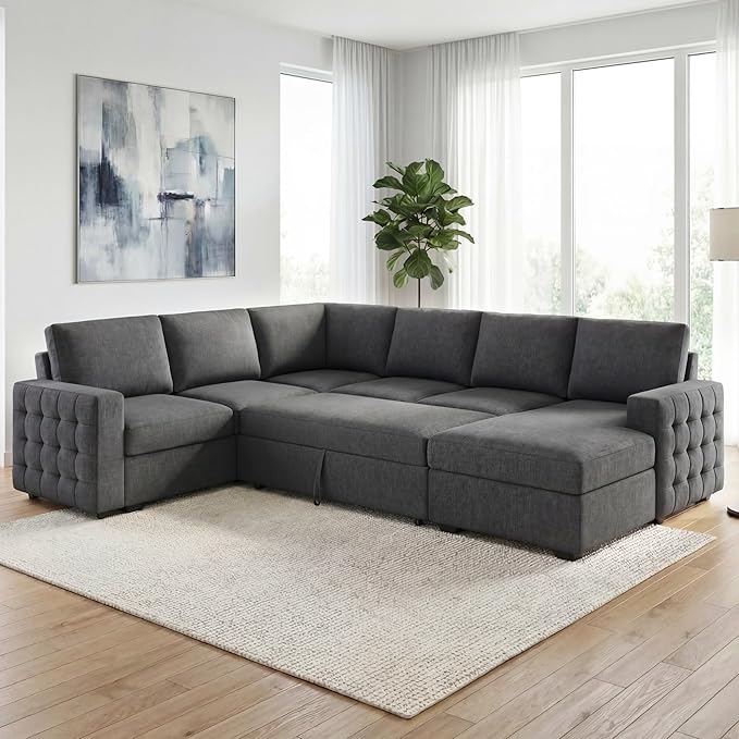 HONBAY Sectional Sleeper Sofa with Pull-Out Bed Storage Chaise,Modular Couch for Living Room, Middle Grey