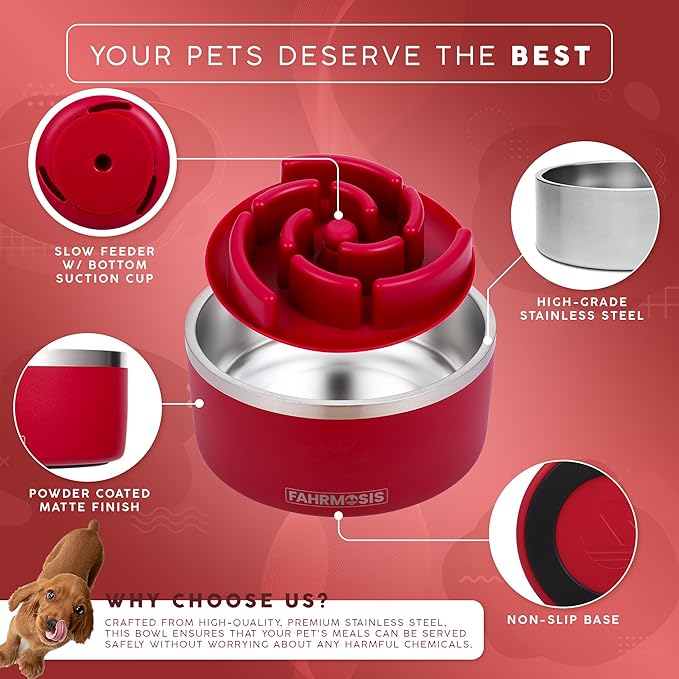 64 OZ Dog Bowl with Slow Feeder Insert Stainless Steel Pet Water Bowl for Medium & Large Breed Non Slip Rubber Base & Plastic Puzzle Feeder - Red
