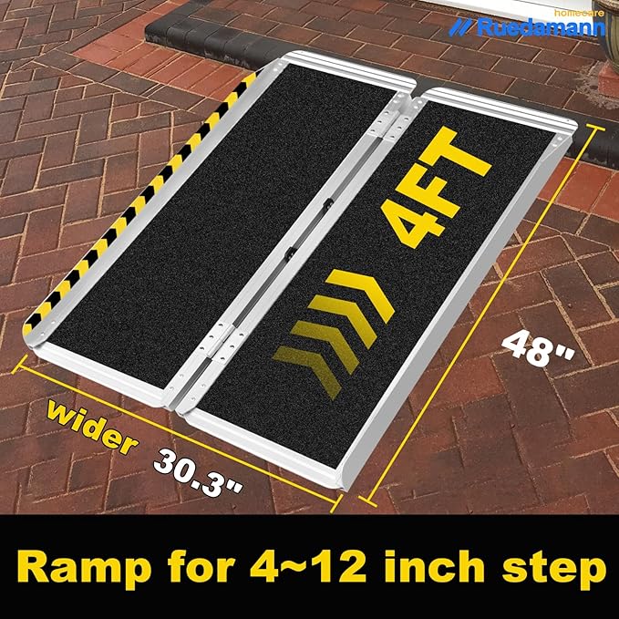 Ruedamann 4FT Portable Wheelchair Ramp, Non-Slip Aluminum Folding Handicap Ramp for Doorways, Wheel Chair Threshold Ramp for Home Steps, Stairs, Wheelchair, Scooters, Pets, Entry