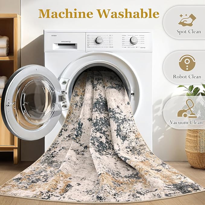 Area Rugs for Living Room: 10x14 Abstract Washable Rug Large Soft Stain Resistant Non-Slip Backing for Bedroom Dining Room Indoor Home Office Carpet for Kids Pet Friendly Families - Grey Gold