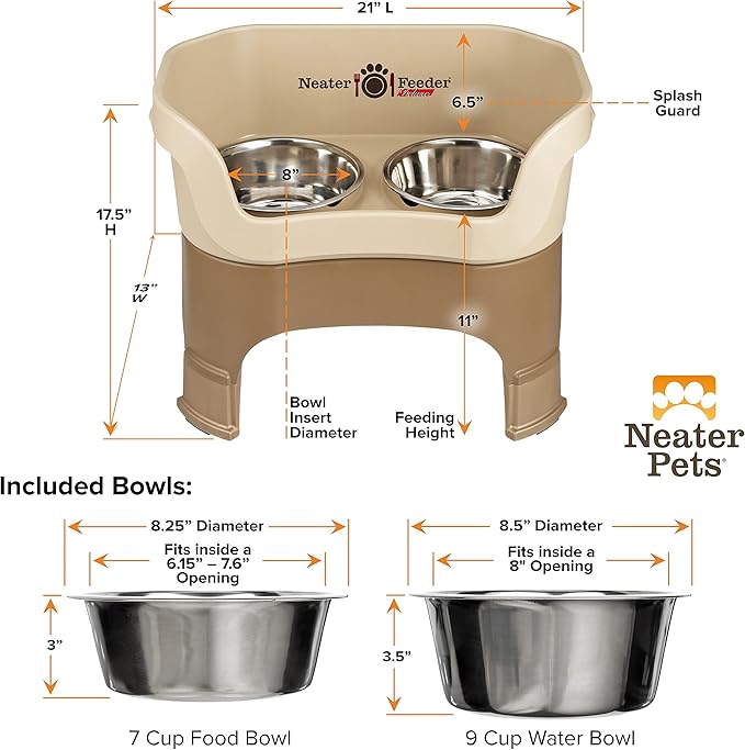 Neater Feeder Deluxe Mess Proof Dog Bowls Elevated for Large Dogs – Made in USA – No Spill Raised Dog Food Bowl Stand w/Leg Extensions – Stainless Steel Dog Food and Water Bowl Set – Cappuccino
