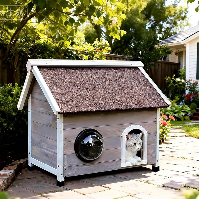 Rockever Outdoor Cat House, Waterproof Feral Cat House for Outdoor Cats with Escape Door and Clear Windows for 2 Cats (Grey)