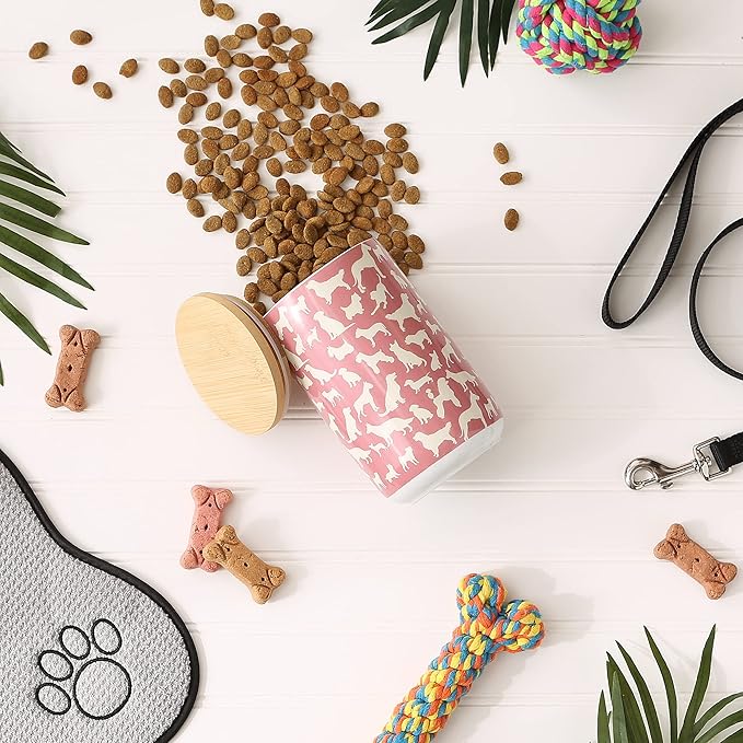 Bone Dry Ceramic Treat Jar for Cats and Dogs, Bamboo Lid, Dishwasher Safe Canister, 4x6.5", Rose, Dog Treats