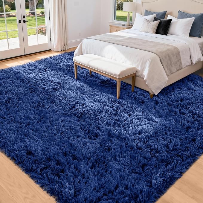 8x10 Area Rug for Living Room: Ultra Soft Fluffy Rug Modern Large Thicked Shag Rug for Bedroom Non Slip Indoor Fuzzy Carpets for Girls Kids Room Nursery Dorm Home Decor Deep Blue