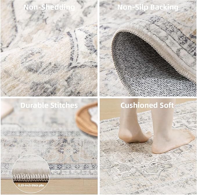 Washable Area Rugs for Living Room: 5x7 Area Rugs for Bedroom Stain Resistant Distressed Vintage Accent Rug Non Slip Low Pile Faux Wool Soft Boho Rugs for Kitchen Bedside Nursery Office Dining Room