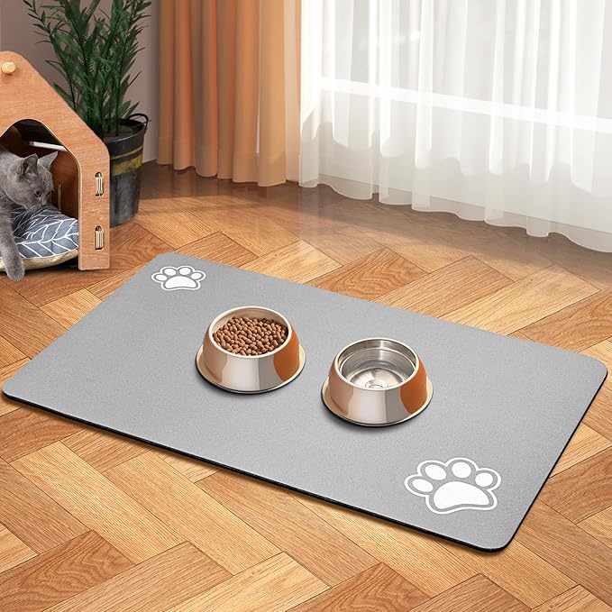 Pet Feeding Mat-Absorbent Dog Mat for Food and Water Bowl-Accessories Pet Supplies-Bowl for Messy Drinkers-No Stains Quick Dry Dog Water Dispenser Mat (17"x28", Light Grey)