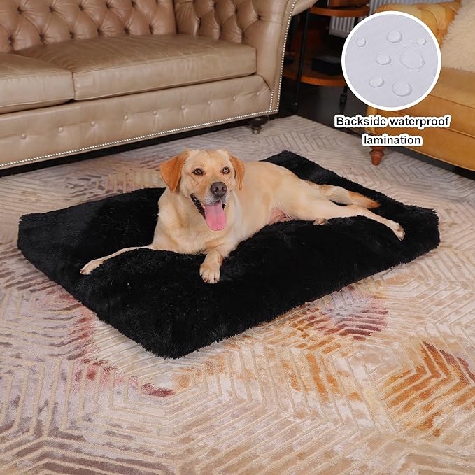 Bedfolks Waterproof Crate Bed, Plush Dog Kennel Pad with Removable Cover, Faux Fur, Fluffy Washable, 47"x29", Black