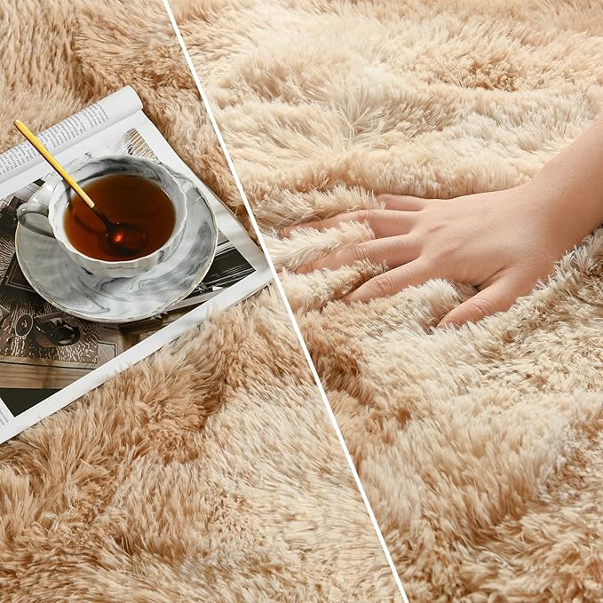 Large Shag Area Rugs 8 x 10, Tie-Dyed Plush Fuzzy Rugs for Living Room, Ultra Soft Fluffy Furry Rug for Bedroom, Indoor Carpet Nursery Rugs for Kids Room Home Decor, Beige