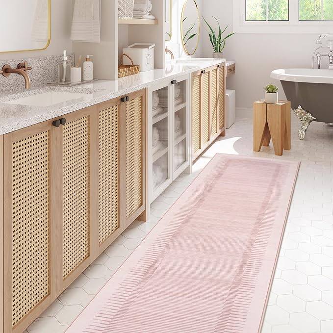 Wonnitar Washable Striped Runners for Hallways 2'6"x8', Non-Slip Soft Pink Runner Rug for Bedroom, Low Pile Minimalist 8ft Runner for Bathroom Laundry Kitchen (Pink, 2'6" x 8')