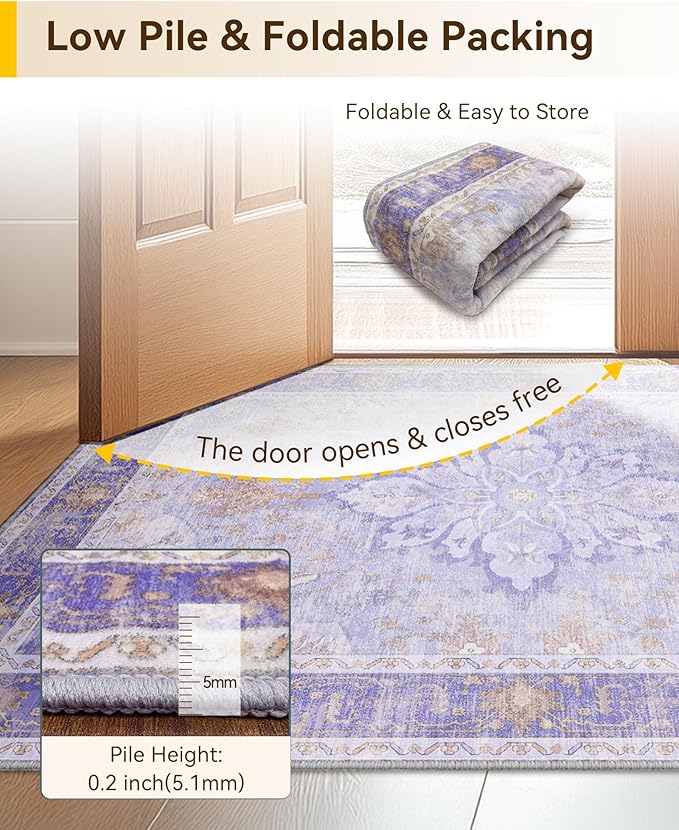Area Rugs 2'x8' Runner Rug Non Slip Washable for Kitchen Hallway Bedroom Beside Laundry Room Bathroom Rug, Floor Carpet, Light Purple Brown