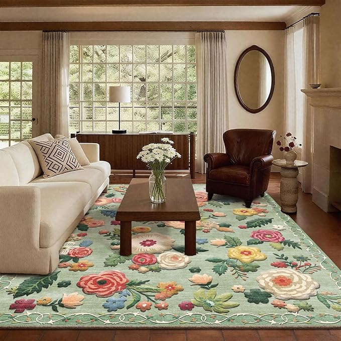 8x10 Area Rugs for Living Room: Washable Rug Stain Resistant Distressed Vintage Green Floral Rug Non Slip Low Pile Faux Wool Soft Large Area Rugs for Bedroom Bedside Farmhouse Dining Room Kids Nursery