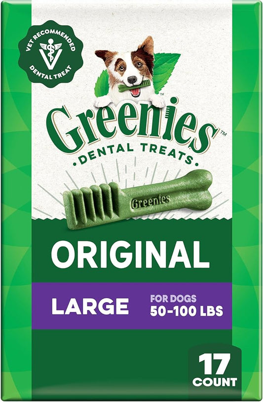 Greenies Veterinarian-Recommended Adult Natural Dental Dog Treats Large Size, Dog Dental Chews, Original Flavor, 27 oz. Pack, 17 Count