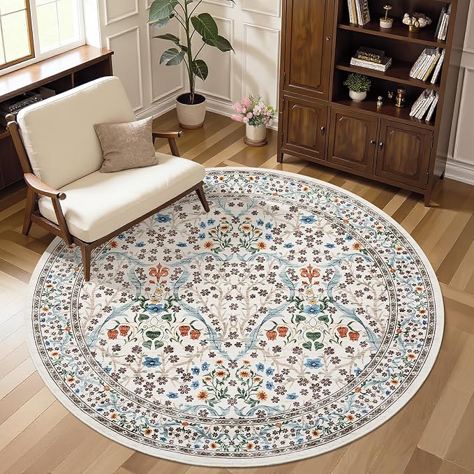 GarveeHome Beige Ivory Floral 4 ft Round Rug Washable Non-Slip Soft Low Pile Small Circle Carpet Vintage Rugs for Kitchen Bedroom Nursery Dining Living Room
