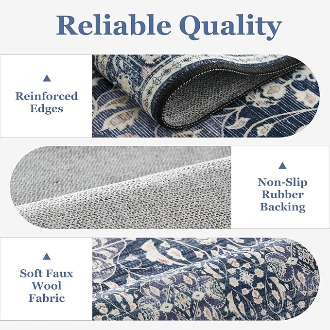 Dark Blue 5x7 Area Rugs for Living Room Bedroom, Transitional Boho Moroccan Floral Trellis Printed, Washable Non Slip Low Pile Ultra Thin Soft Carpet Rugs for Dining Room/Kitchen/Home Office