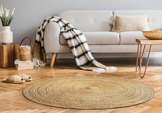 Hausattire Hand Woven Jute Braided Rug, 4??Round ??Natural, Reversible Boho Entry Area Rugs for Kitchen, Living Room I Farmhouse Decorative Floor Rug, 4 Feet Round