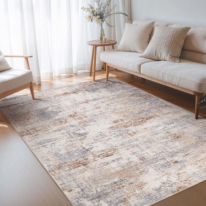 Area Rug Living Room Washable Rugs: 5x7 Modern Neutral Abstract Low Pile Non Slip Floor Carpet - Large Soft Thin Stain Resistant Rug for Bedroom Dining Indoor Office Home, Brown Grey