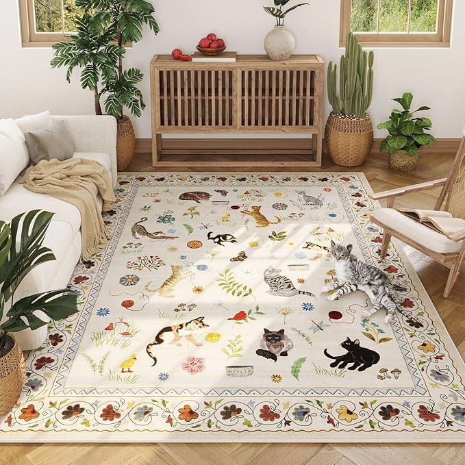 Rugcomf Living Room Rug 6x9 Rug Machine Washable Boho Area Rug Non Slip Floral Animal Cat Vintage Low Pile Large Rug for Living Room Bedroom Farmhouse Dining Room Kids Playroom, Beige