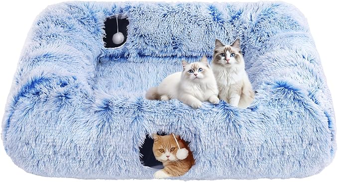 Extra Large Cat Tunnel Bed, 4 Ways Tunnels for Indoor Cats, Multi-cat Family Pet Bed & Cave, Plush Cat Donut with Washable Middle Mat, Exit Balls, Pet Play Toy for Kitten Puppy Rabbit, Blue