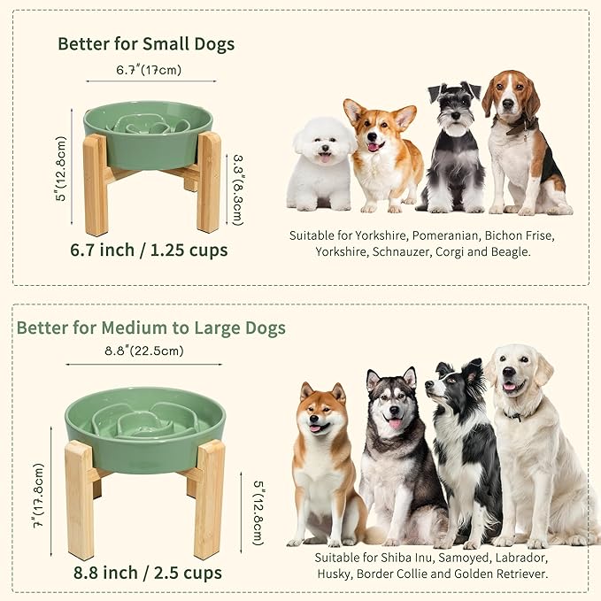 Elevated Slow Feeder Dog Bowl - Puzzle Maze Dish with Bamboo Stand - Raised Ceramic Food Bowl for Medium and Large Dogs - Green - 8.8 inch