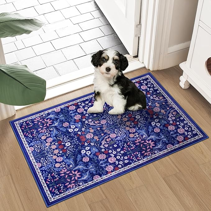 Entryway Rug 2X3 Small Rugs: Floral Washable Door Mat Vintage Soft Low Pile Non-Slip Kitchen Rugs Stain Resistant Indoor Throw Rug for Entrance, Bedroom, Kitchen, Laundry, Bathroom Blue