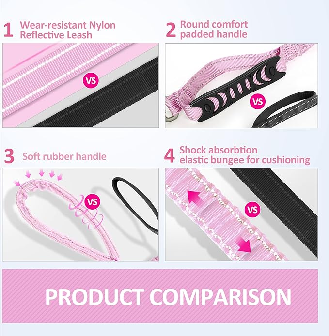 IOKHEIRA Dog Leash, Multifunctional for Medium & Large Dogs, Adjustable with Car Seatbelt, 4-6 FT Strong Bungee, Pink